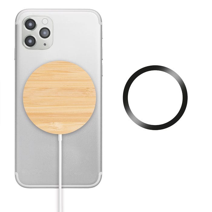 Caricatore wireless magnetico tondo in bamboo beige - personalizzabile con logo
