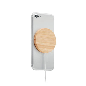 Caricatore wireless magnetico tondo in bamboo beige - personalizzabile con logo