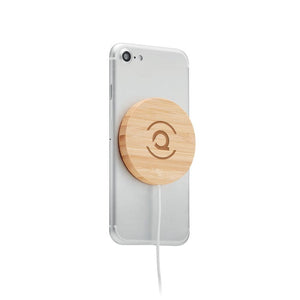 Caricatore wireless magnetico tondo in bamboo beige - personalizzabile con logo