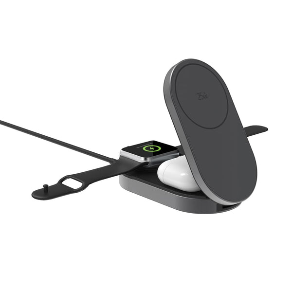 Caricatore wireless pieghevole ultra veloce Quantum 3in1 grigio - personalizzabile con logo