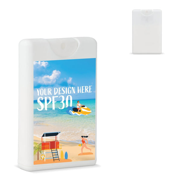 Carta di credito Protezione solare spray SPF30 materiale riciclato Bianco - personalizzabile con logo