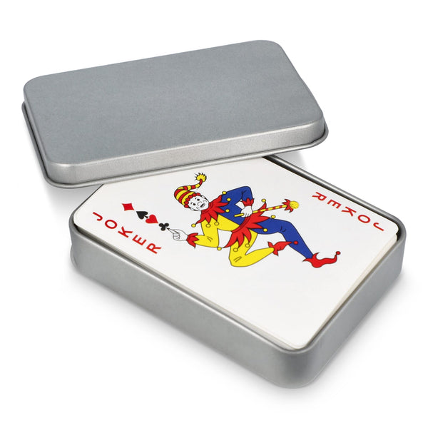 Carte da gioco in scatola di latta color color argento / Blu - personalizzabile con logo