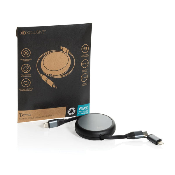 Cavo retrattile da 240W 2in1 Terra in rAlluminio RCS nero - personalizzabile con logo