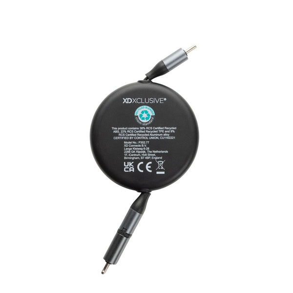 Cavo retrattile da 240W 2in1 Terra in rAlluminio RCS nero - personalizzabile con logo