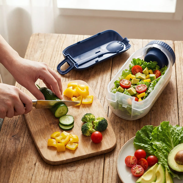 Contenitore per pranzo all-in-one con scomparto per salsa e cucchiaio-forchetta - personalizzabile con logo