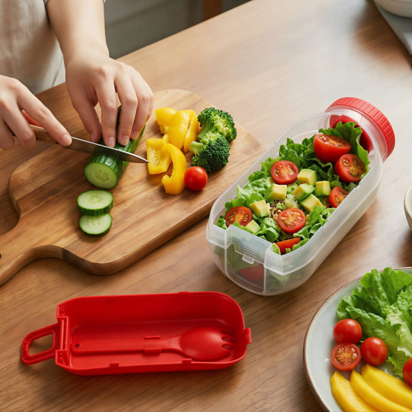 Contenitore per pranzo all-in-one con scomparto per salsa e cucchiaio-forchetta - personalizzabile con logo