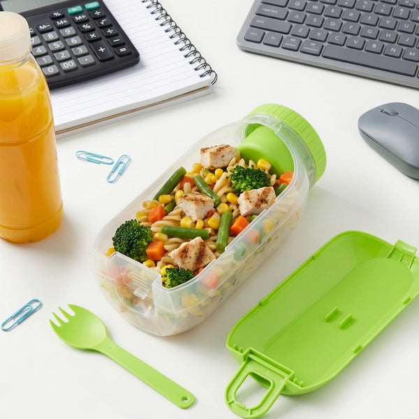 Contenitore per pranzo all-in-one con scomparto per salsa e cucchiaio-forchetta - personalizzabile con logo