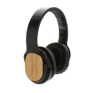 Cuffie wireless pieghevoli Elite RCS in bambù nero - personalizzabile con logo