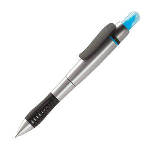 Evidenziatore e Penna a sfera color argento / Blu - personalizzabile con logo