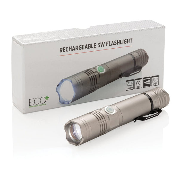 Flashlight 3W ricaricabile grigio - personalizzabile con logo