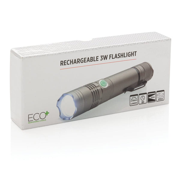 Flashlight 3W ricaricabile grigio - personalizzabile con logo