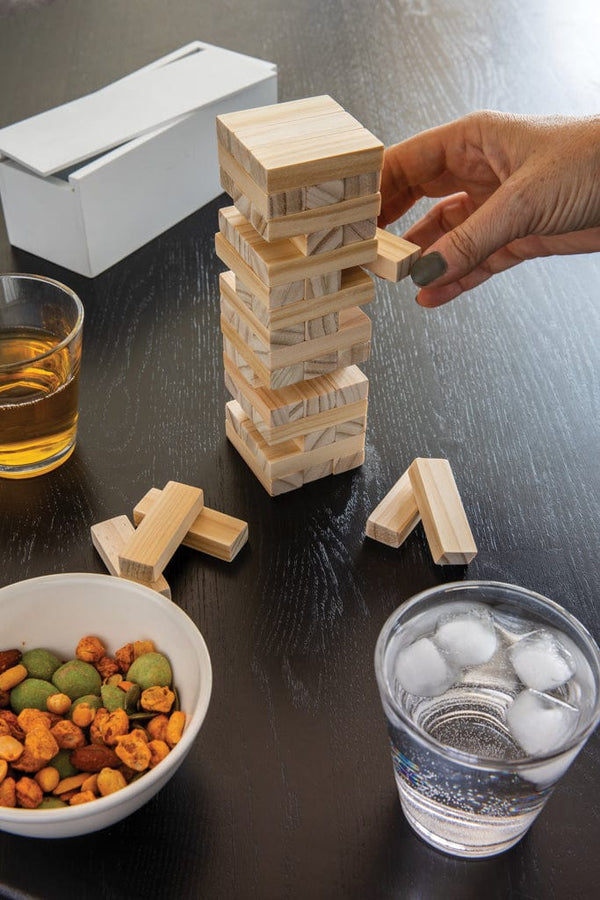 Gioco della torre cadente in legno bianco - personalizzabile con logo