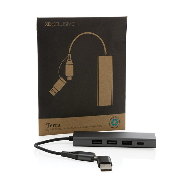 Hub 3 porte USB in alluminio RCS Terra grigio - personalizzabile con logo