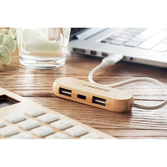 Hub USB a 3 porte in bamboo Randall beige - personalizzabile con logo