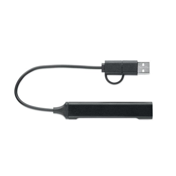 Hub USB a 4 porte 19 cm in alluminio riciclato Nero - personalizzabile con logo