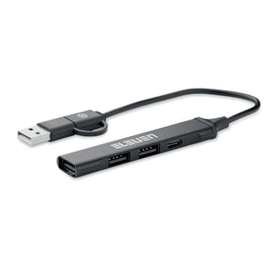 Hub USB a 4 porte 19 cm in alluminio riciclato Nero - personalizzabile con logo