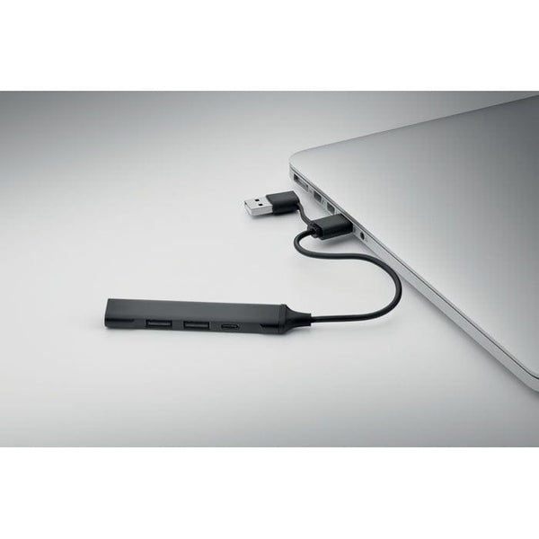 Hub USB a 4 porte 19 cm in alluminio riciclato Nero - personalizzabile con logo