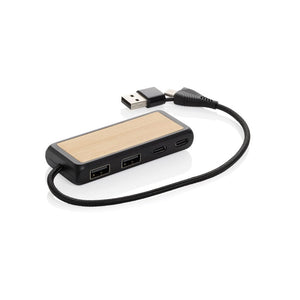 Hub USB doppio input Link in plastica e bambù riciclati nero - personalizzabile con logo