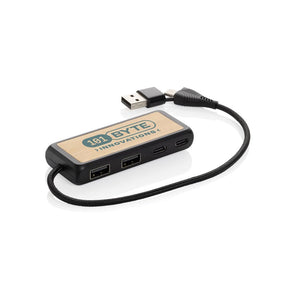 Hub USB doppio input Link in plastica e bambù riciclati nero - personalizzabile con logo