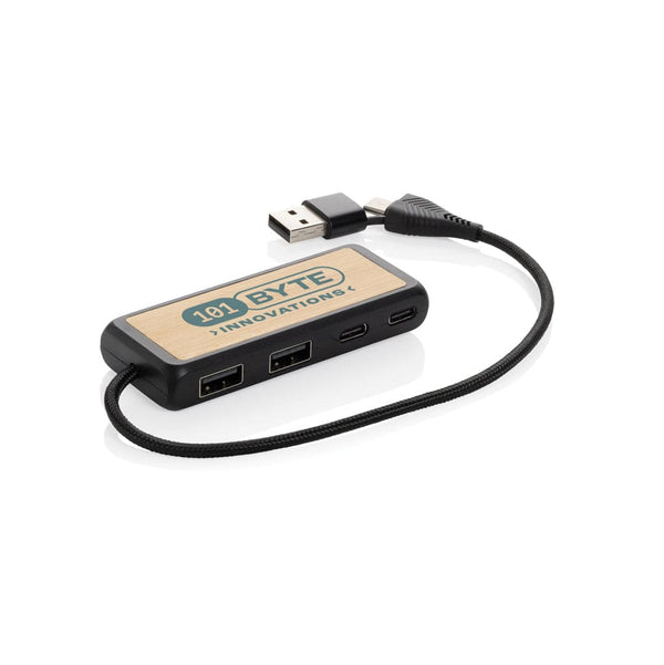 Hub USB doppio input Link in plastica e bambù riciclati nero - personalizzabile con logo
