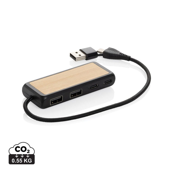 Hub USB doppio input Link in plastica e bambù riciclati nero - personalizzabile con logo
