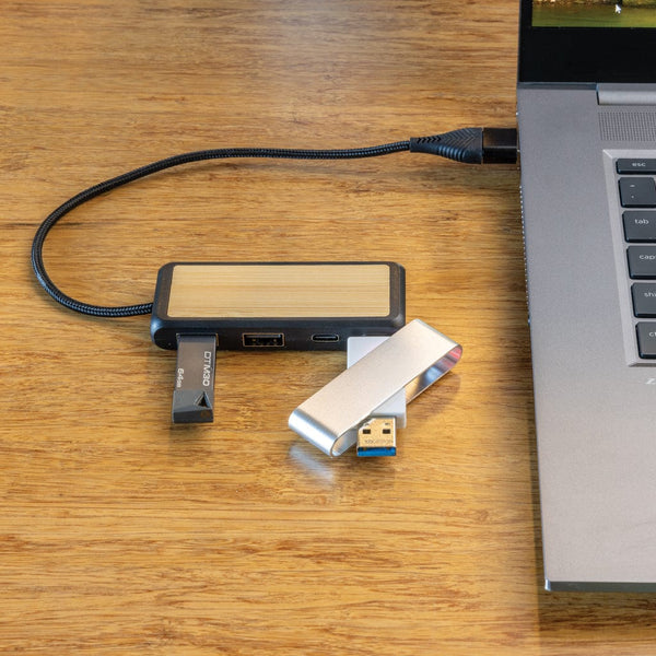 Hub USB doppio input Link in plastica e bambù riciclati nero - personalizzabile con logo