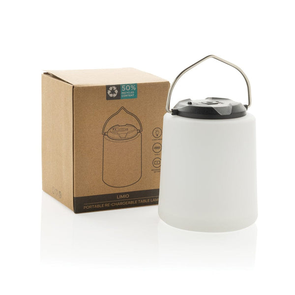 Lampada ricaricabile da tavolo Limio in rPlastica RCS bianco - personalizzabile con logo