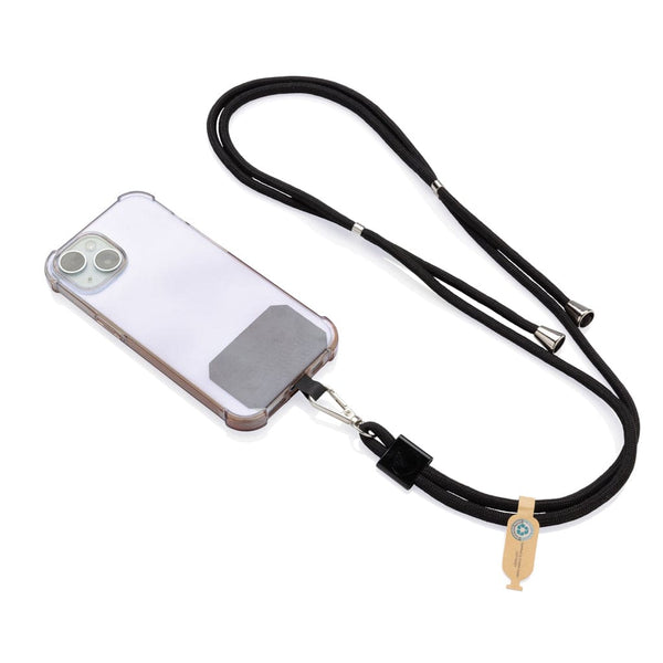 Lanyard regolabile porta telefono CarryLoop in rPET RCS nero - personalizzabile con logo
