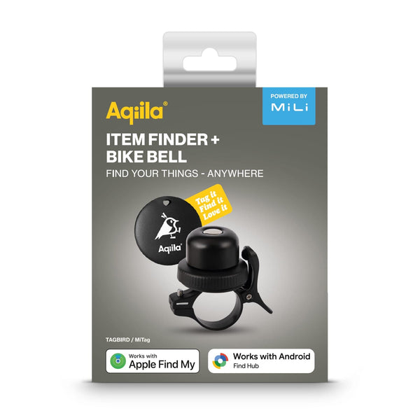 Localizzatore impermeabile Aqiila Tagbird con campanello da bicicletta Nero - personalizzabile con logo