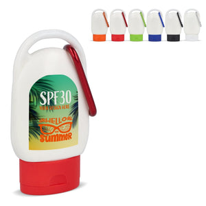 Lozione solare con moschettone SPF30 materiale riciclato - personalizzabile con logo