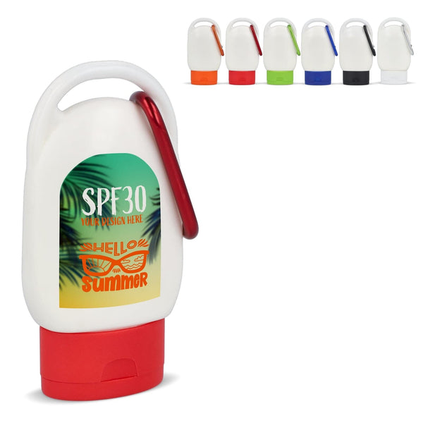 Lozione solare con moschettone SPF30 materiale riciclato - personalizzabile con logo