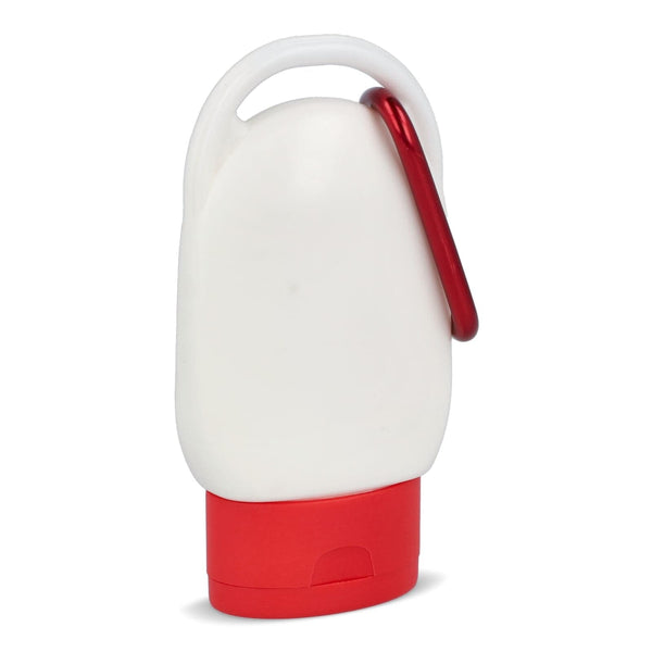 Lozione solare con moschettone SPF30 materiale riciclato - personalizzabile con logo