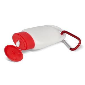 Lozione solare con moschettone SPF30 materiale riciclato - personalizzabile con logo