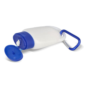 Lozione solare con moschettone SPF30 materiale riciclato - personalizzabile con logo