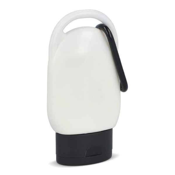 Lozione solare con moschettone SPF30 materiale riciclato - personalizzabile con logo