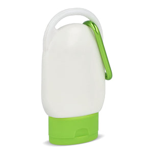 Lozione solare con moschettone SPF30 materiale riciclato - personalizzabile con logo