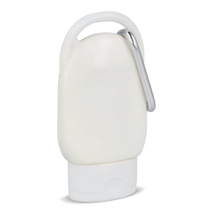 Lozione solare con moschettone SPF30 materiale riciclato - personalizzabile con logo