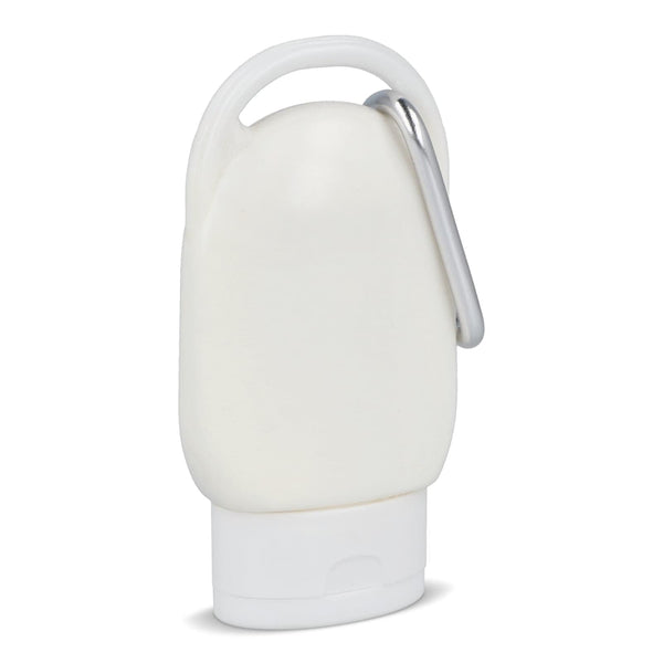 Lozione solare con moschettone SPF30 materiale riciclato - personalizzabile con logo