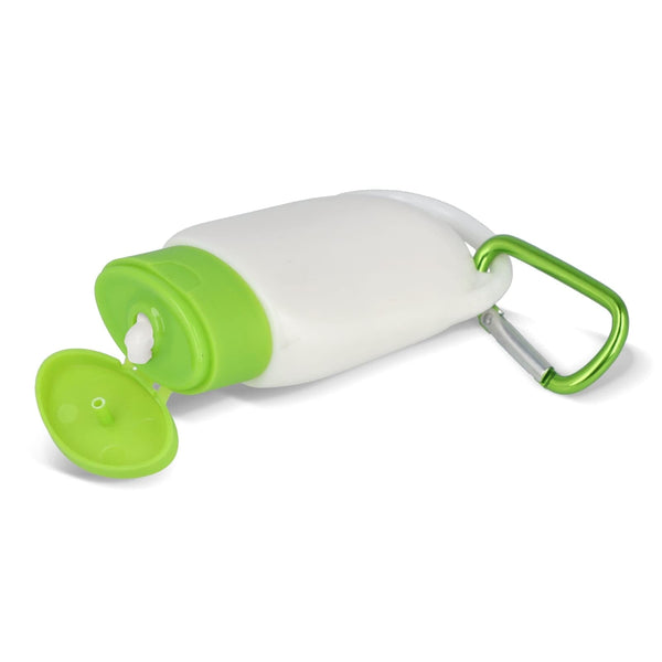 Lozione solare con moschettone SPF30 materiale riciclato - personalizzabile con logo