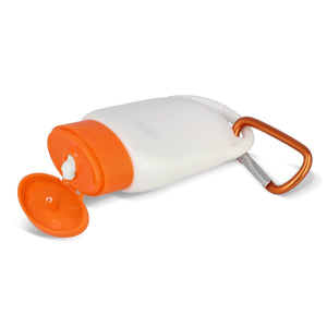 Lozione solare con moschettone SPF30 materiale riciclato - personalizzabile con logo