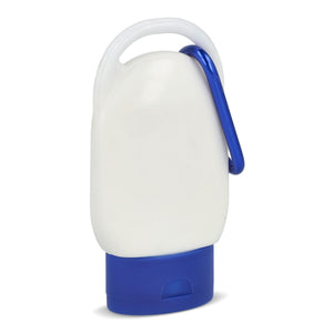 Lozione solare con moschettone SPF30 materiale riciclato - personalizzabile con logo