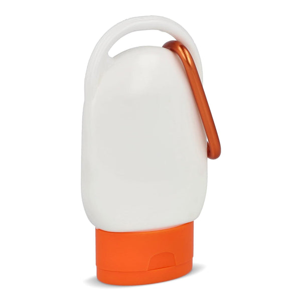 Lozione solare con moschettone SPF30 materiale riciclato - personalizzabile con logo