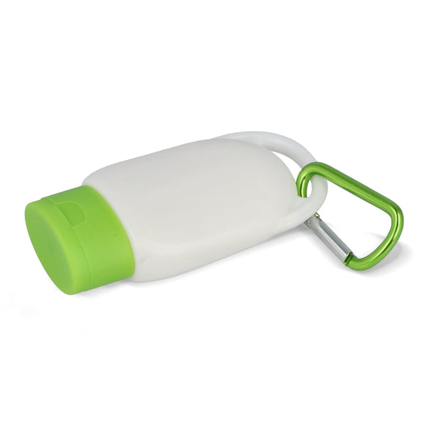 Lozione solare con moschettone SPF30 materiale riciclato - personalizzabile con logo