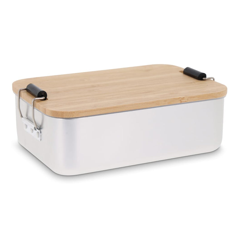 Lunch box in alluminio con coperchio in bambù color argento - personalizzabile con logo