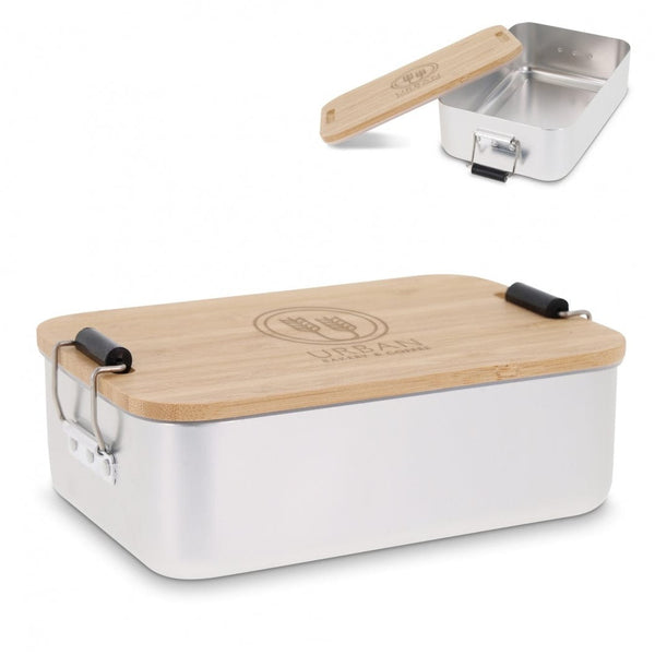 Lunch box in alluminio con coperchio in bambù color argento - personalizzabile con logo