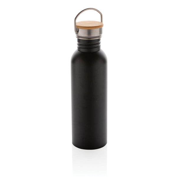 Moderna bottiglia in acciaio con tappo in bambù 700ml nero - personalizzabile con logo