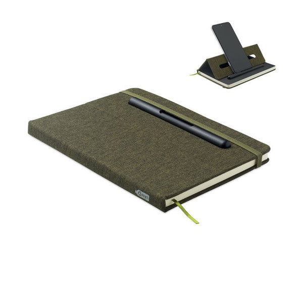 Notebook A5 con porta telefono verde - personalizzabile con logo