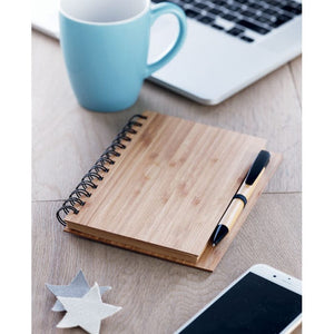 Notebook in bamboo con penna beige - personalizzabile con logo