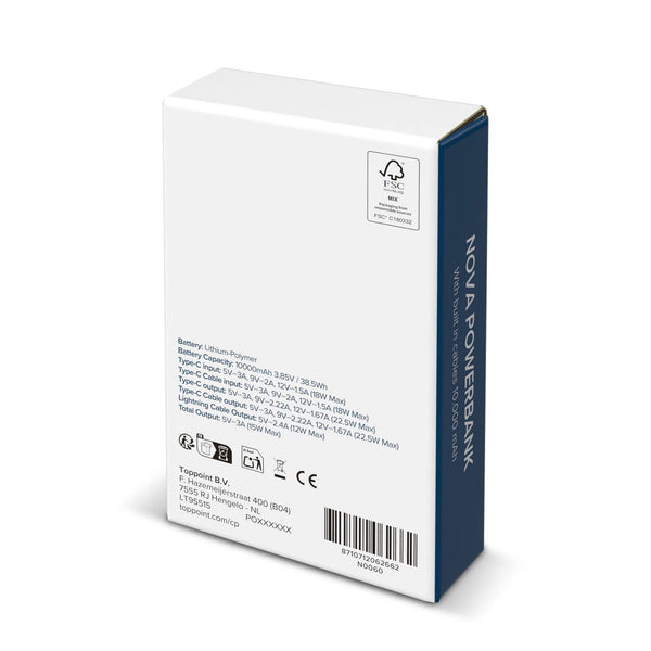 Nova Powerbank 22,5 W Power Delivery con cavi integrati 10.000 mAh Grigio scuro - personalizzabile con logo