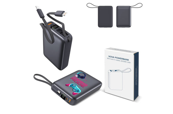 Nova Powerbank 22,5 W Power Delivery con cavi integrati 20000 mAh Grigio scuro - personalizzabile con logo
